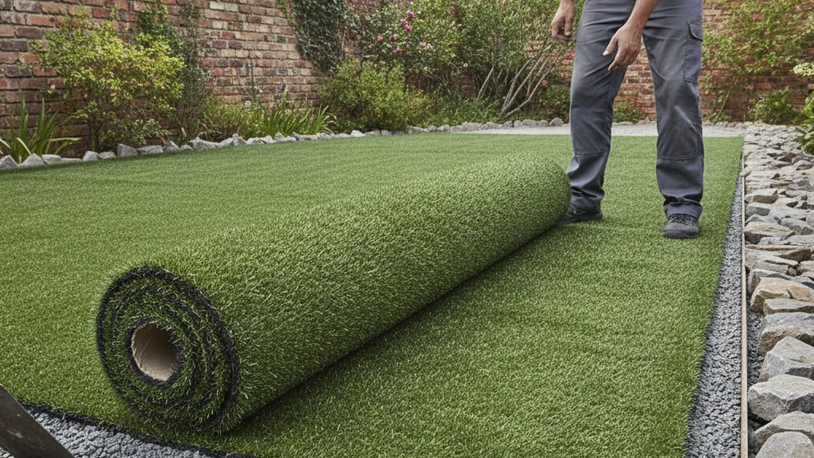 Artificial grass installation in progress over a compacted base in Cape Town