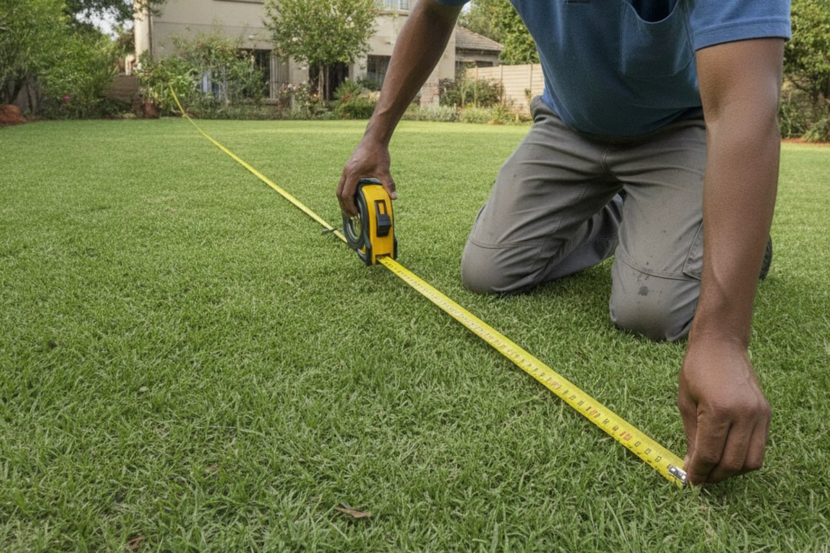 Installer measuring a garden to quote an artificial grass price per square metre