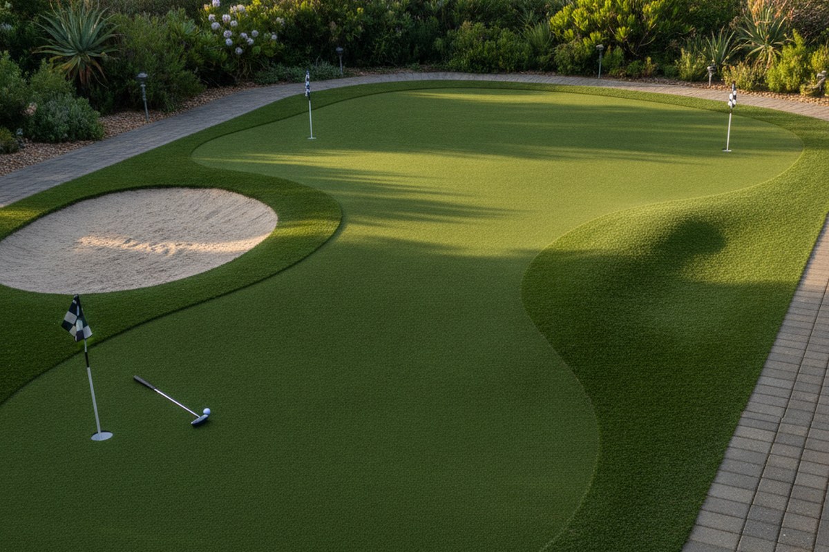 Wide contoured backyard putting green with a sand area alongside