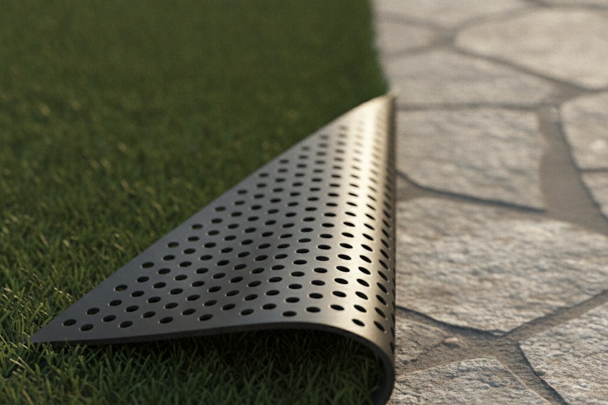 Latex backing and punched drainage holes on the underside of artificial grass
